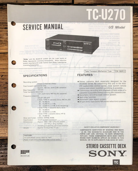 Sony TC-U270 Cassette Service Manual *Original*