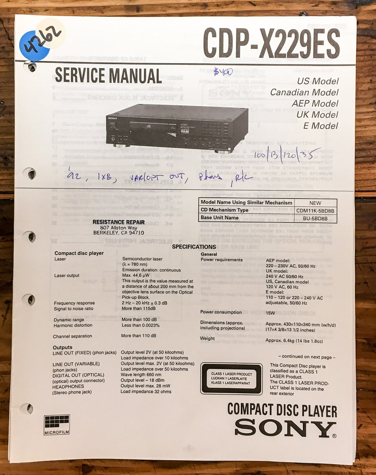 Sony CDP-X229ES CD Player  Service Manual *Original*