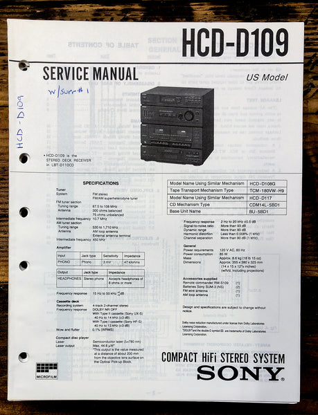 Sony HCD-D109 Stereo  Service Manual *Original*