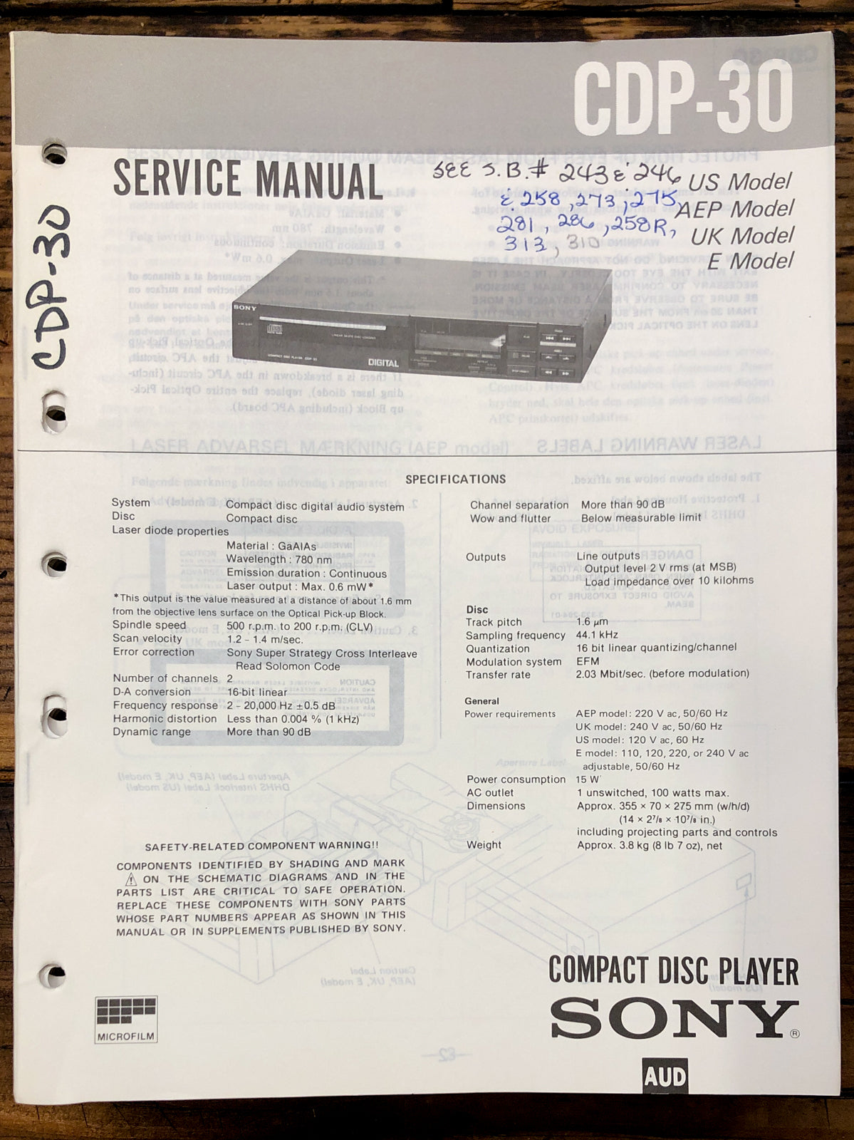 Sony CDP-30 CD Player  Service Manual *Original*