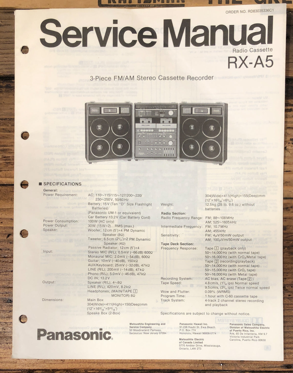 Technics RX-A5 Radio Cassette Service Manual *Original*
