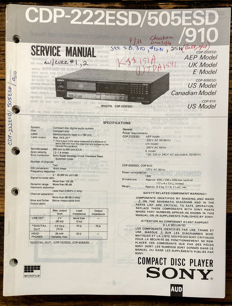 Sony CDP-222ESD CDP-505ESD CDP-910 CD Player  Service Manual *Original*