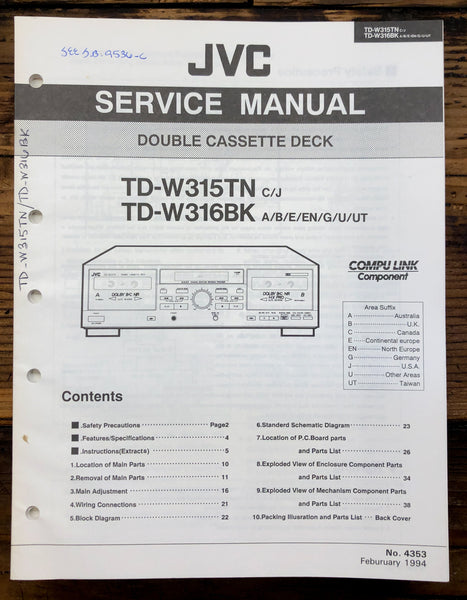 JVC TD-W315 TD-W316 Cassette  Service Manual *Original*
