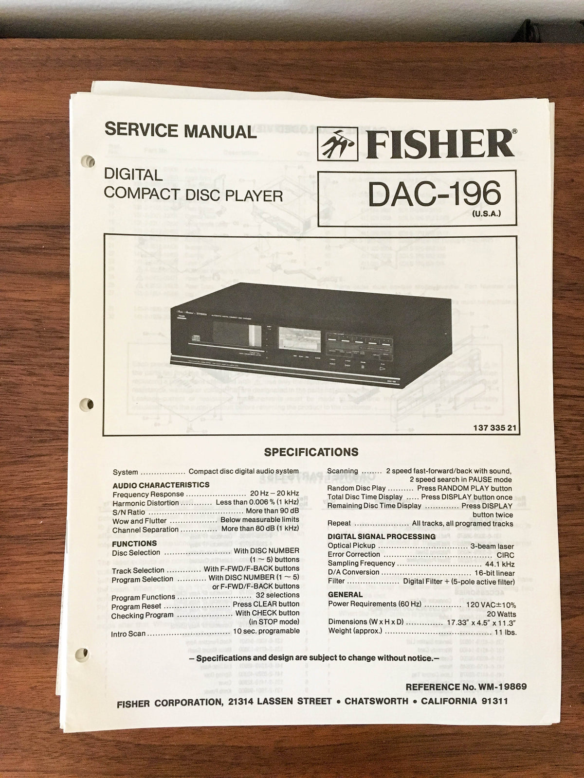 Fisher DAC-196 CD Player Service Manual *Original*