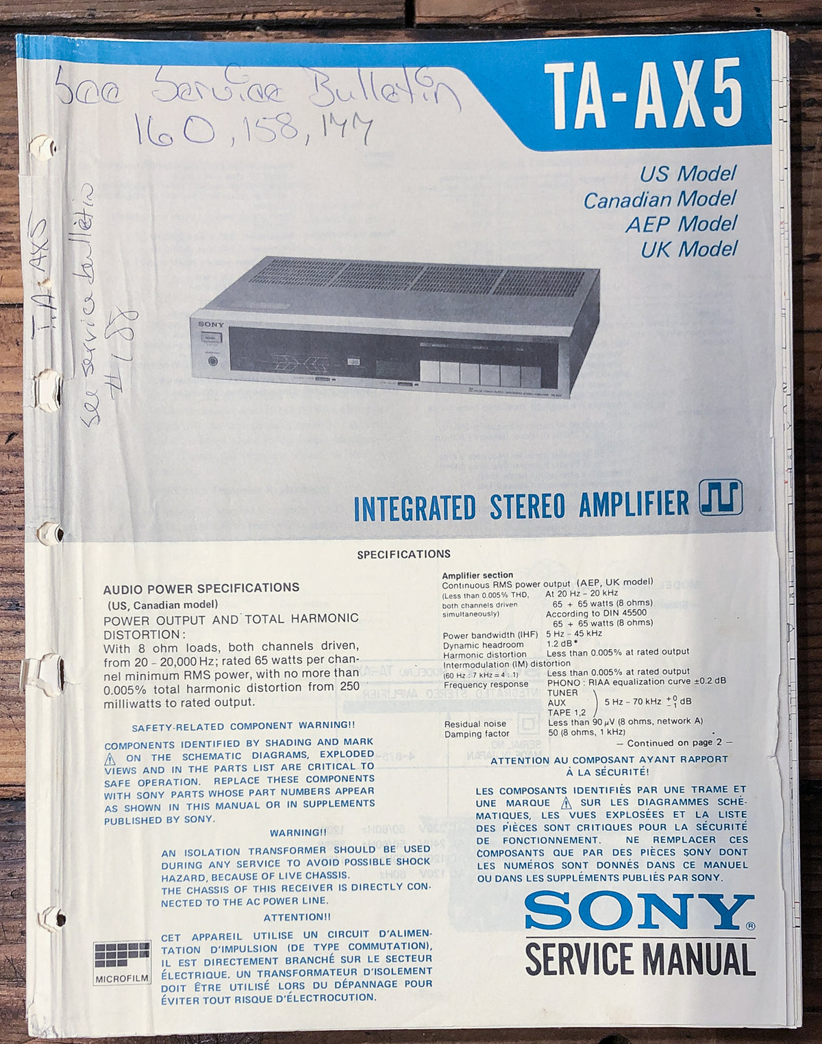 Sony TA-AX5 Amplifier  Service Manual *Original*