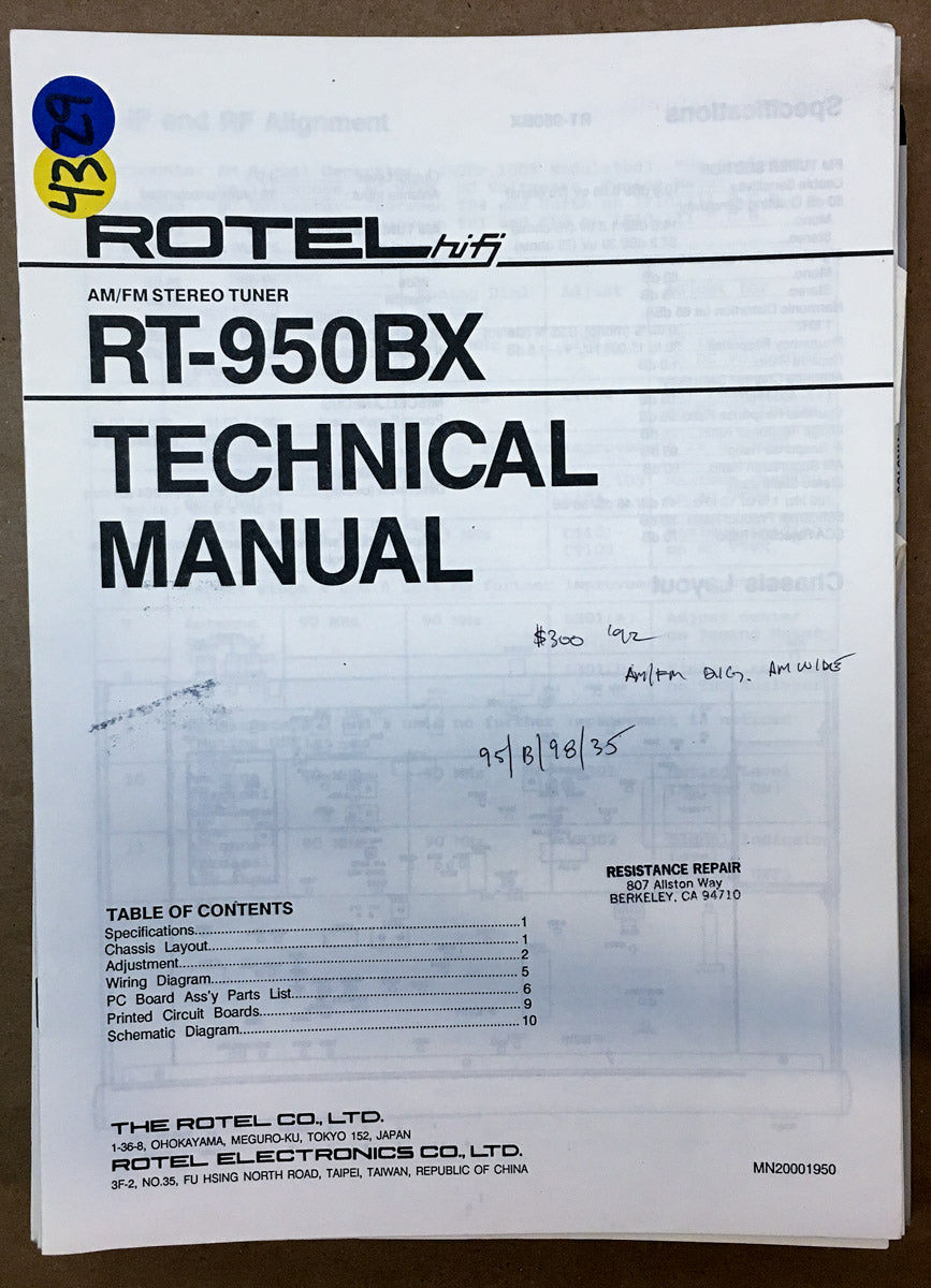 Rotel RT-950BX Tuner  Service Manual *Original*