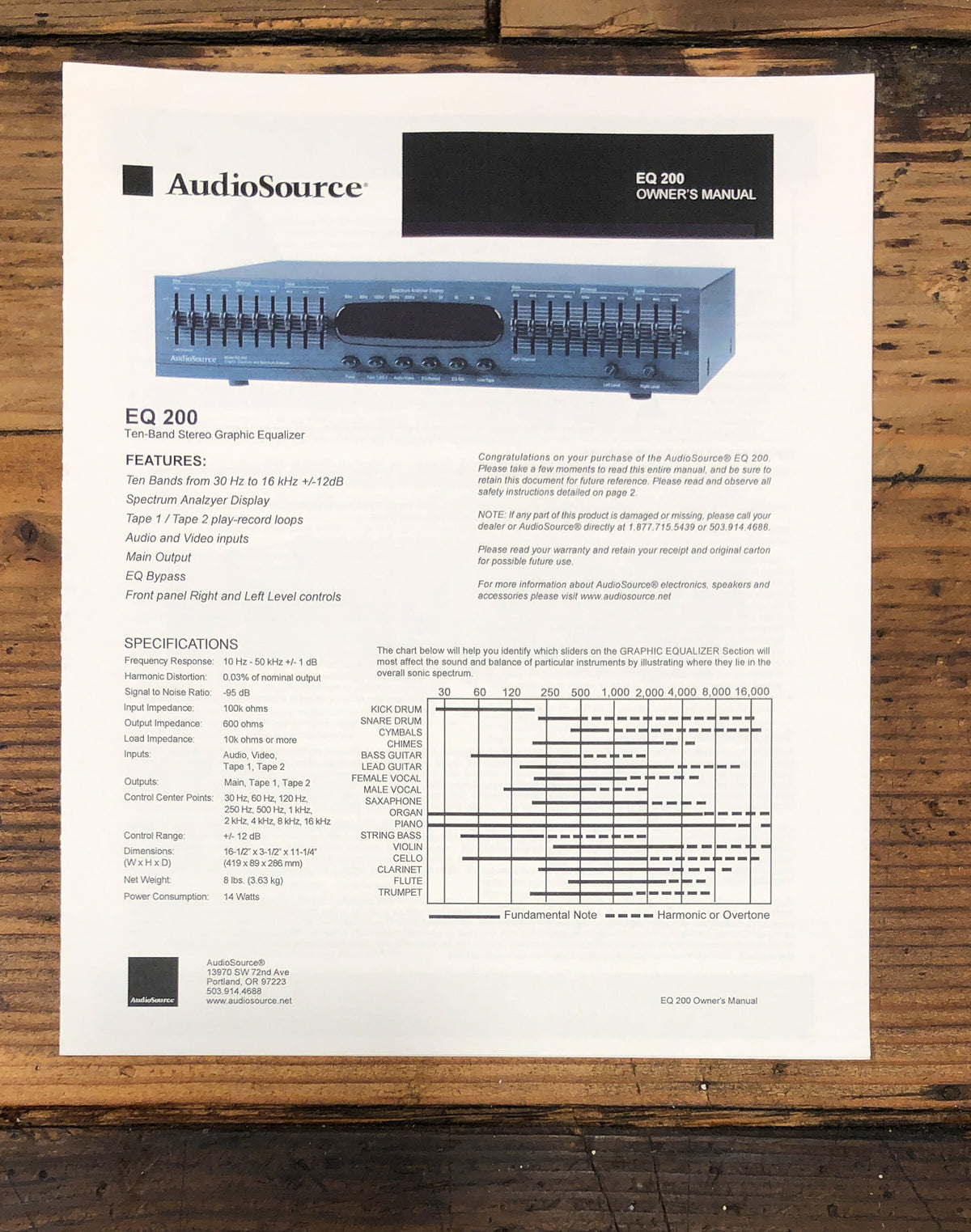 AudioSource EQ-200 EQ200 Equalizer Owners / User Manual *Original*