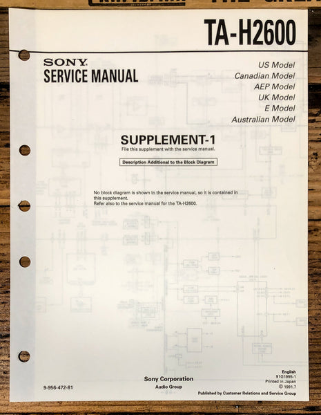 Sony TA-H2600 Amplifier Supp. Service Manual *Original* #1