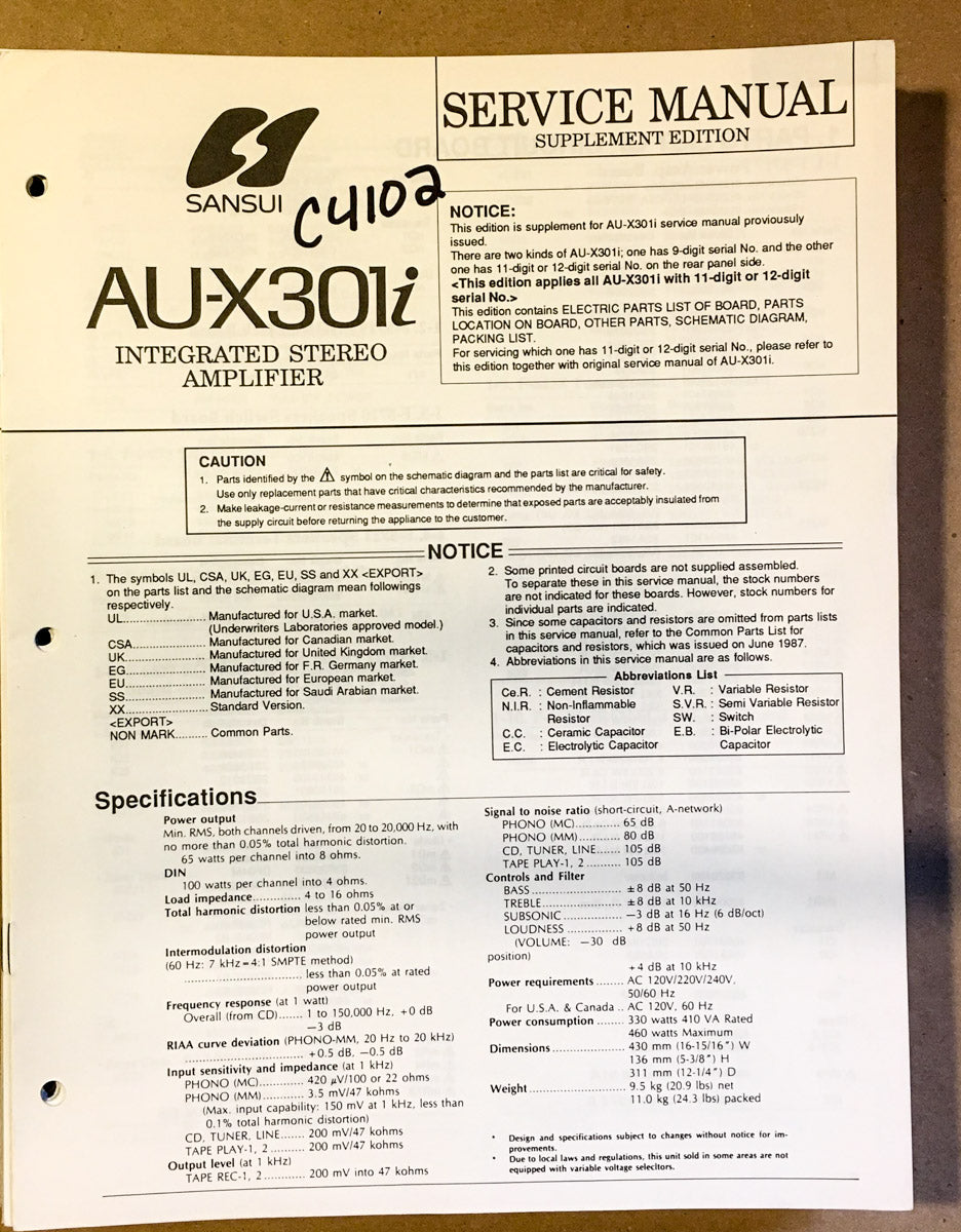 Sansui AU-X301i Amplifier Service Manual *Original*