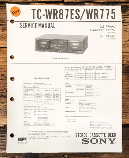 Sony TC-WR87ES TC-WR775 Cassette Service Manual *Original*