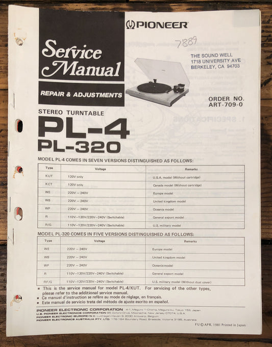 Pioneer PL-4 PL-320 Record Player / Turntable  Service Manual *Original*
