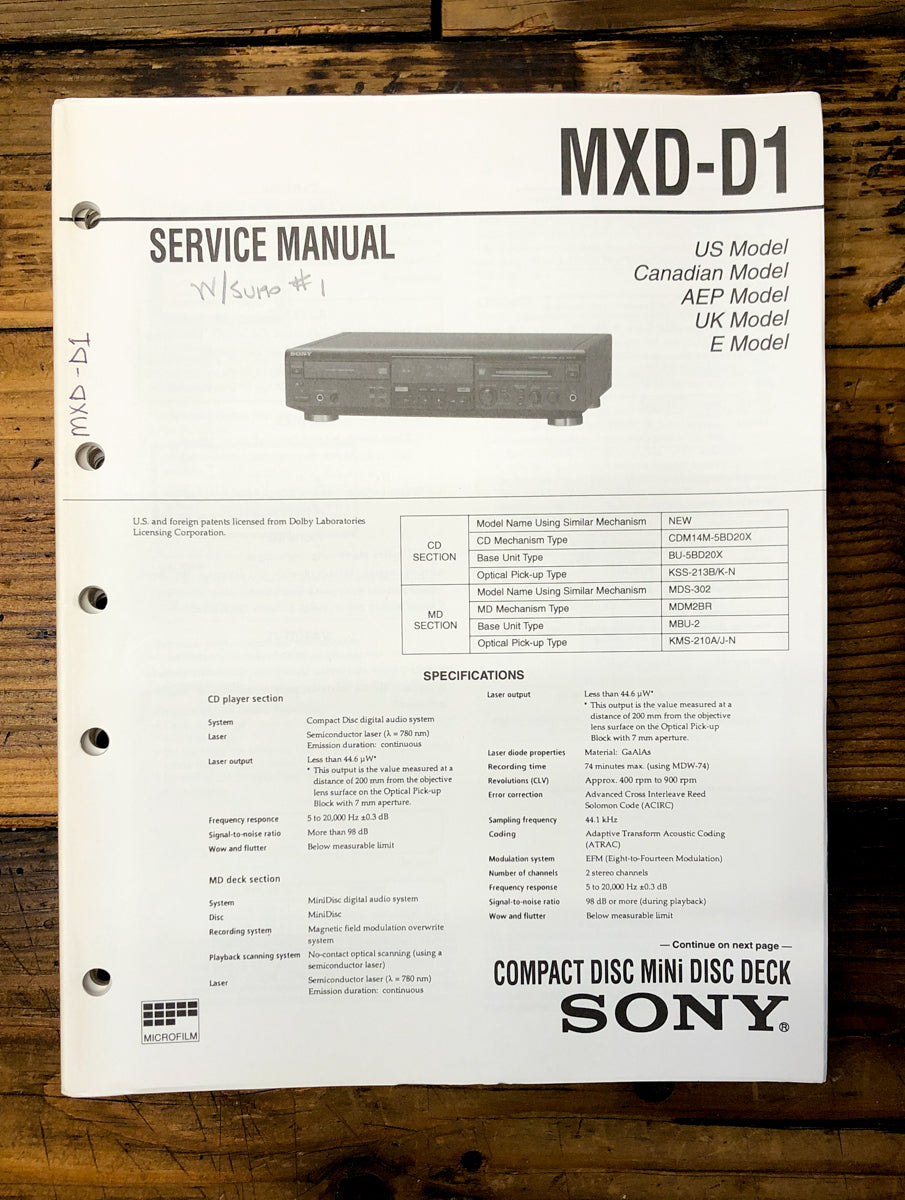 Sony MXD-D1 CD MD Deck  Service Manual *Original*