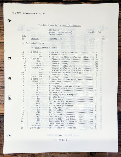 Sony HP-480A Stereo Parts List Manual *Original*