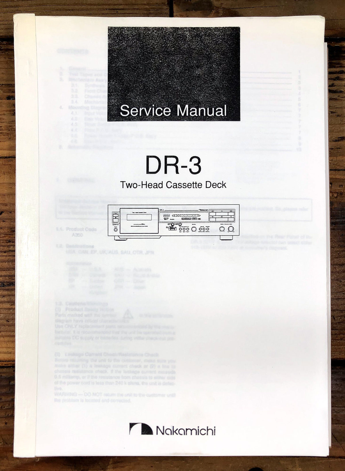 Nakamichi DR-3 Two-Head Cassette Deck Service Manual *Original*