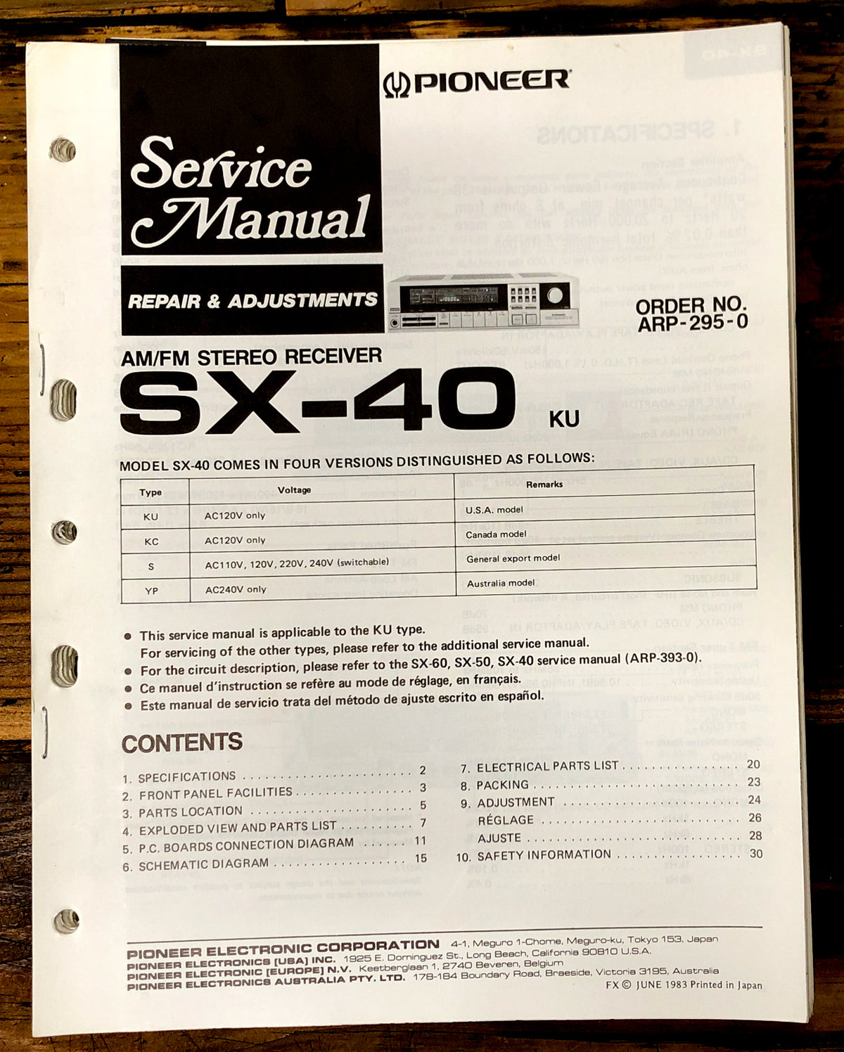 Pioneer SX-40 Receiver Service Manual *Original*
