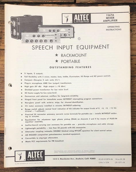 Altec Model 1567A Mixer  Owners & Schematic Manual *ORIGINAL*