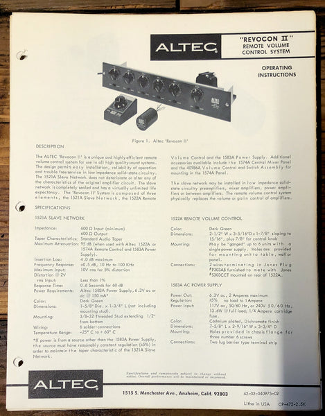 Altec Model REVOCON II Volume Control  Owners Manual & Schematic *Orig*