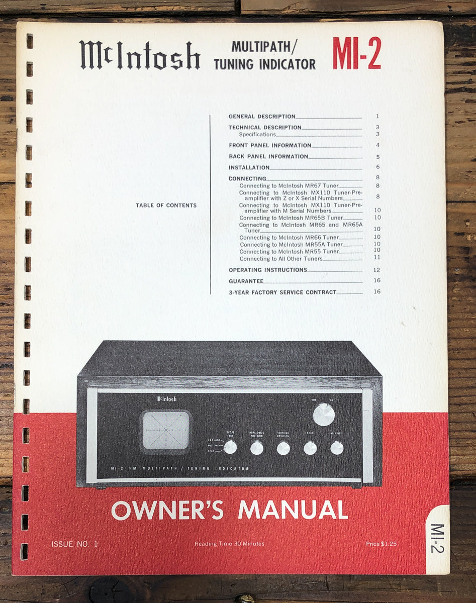 McIntosh MI-2 Tuning Indicator Owners / User Manual *Original*