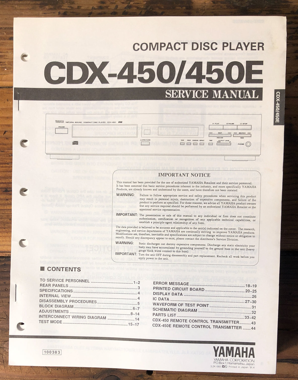 Yamaha CDX-450 CDX-450E CD Player  Service Manual *Original*