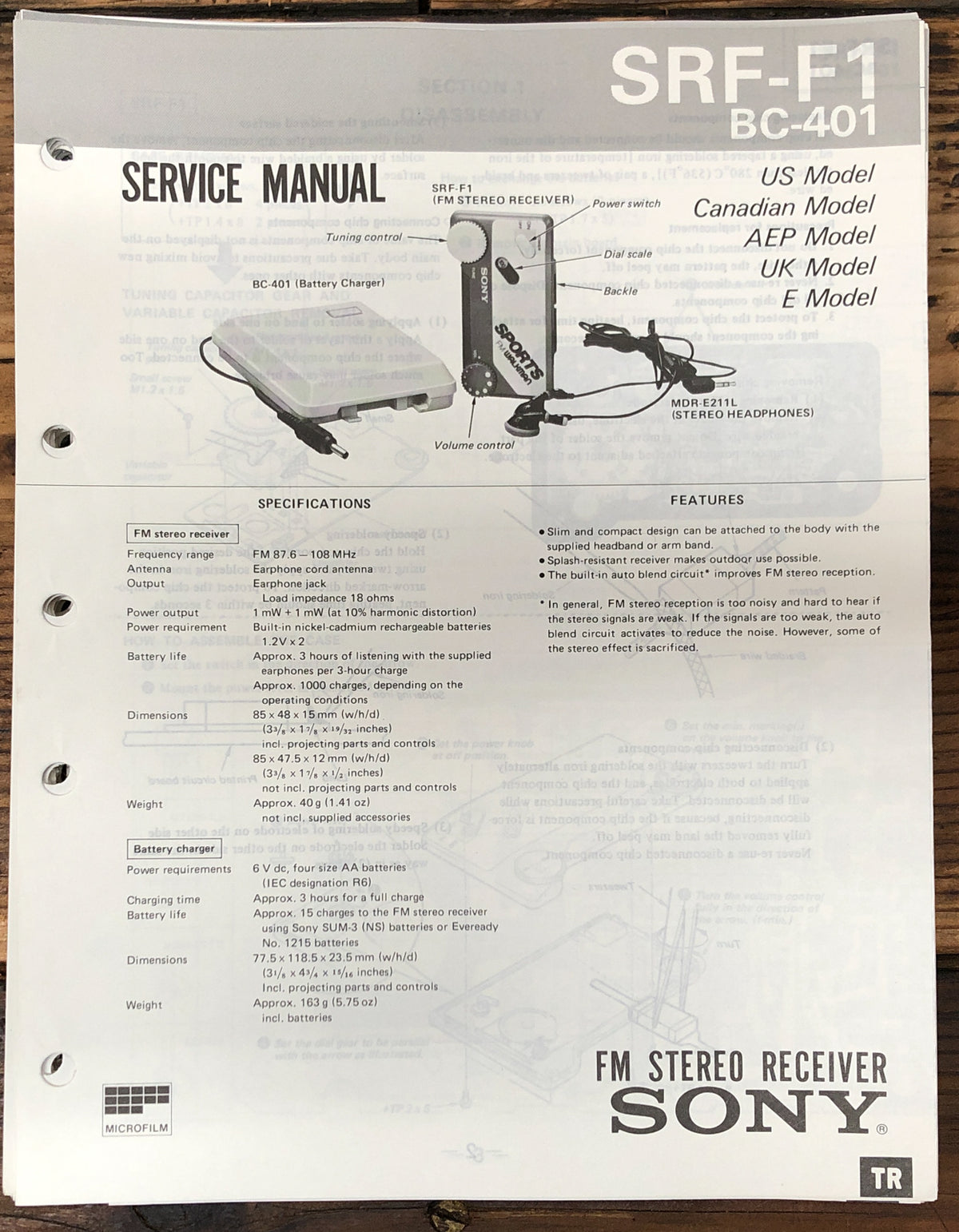 Sony SRF-F1 BC-401 Portable Radio / Receiver  Service Manual *Original*
