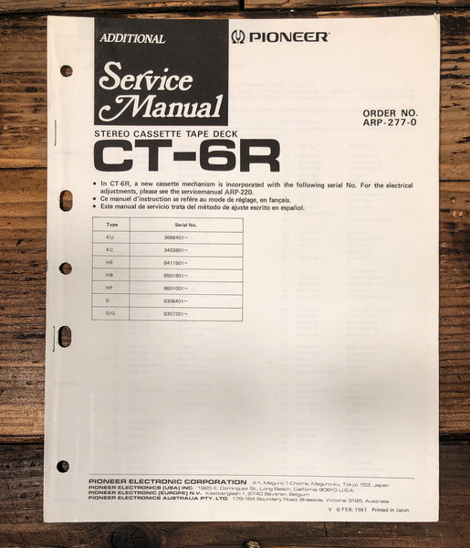 Pioneer CT-6R Cassette Additional Service Manual *Original*