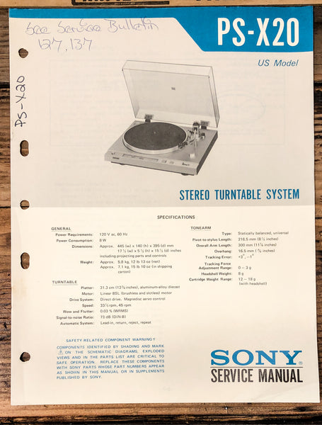 Sony PS-X20 Record Player / Turntable  Service Manual *Original*