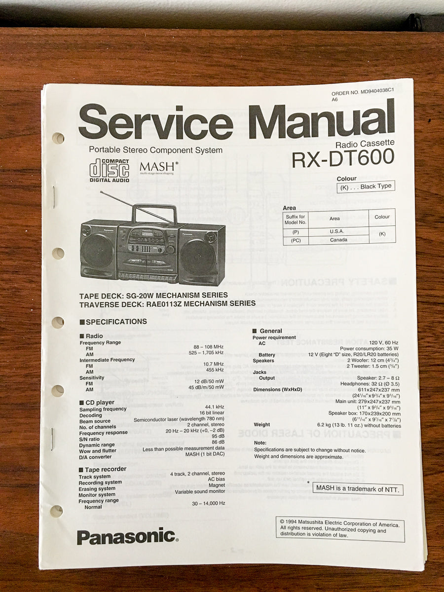 Panasonic RX-DT600 Radio Cassette Service Manual *Original*