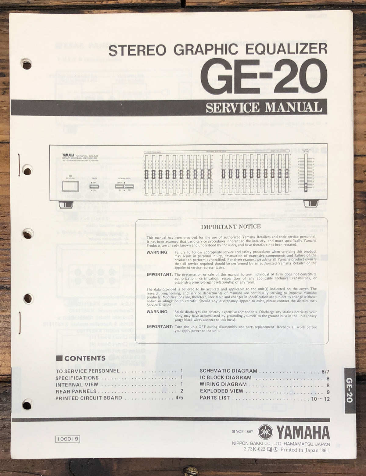 Yamaha GE-20 Graphic Equalizer  Service Manual *Original*