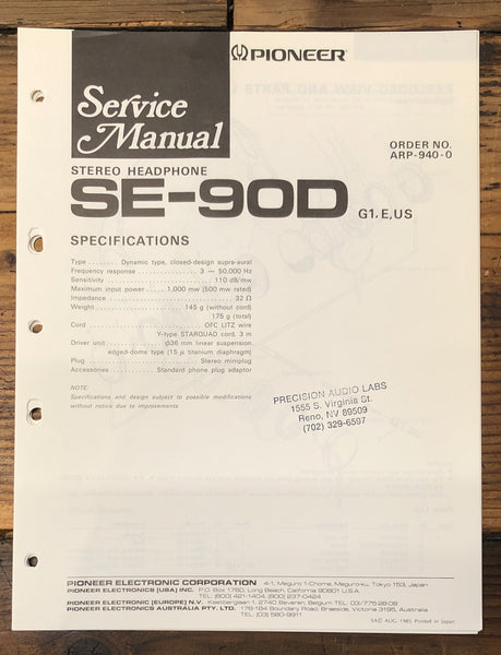 Pioneer SE-90D Headphones  Service Manual *Original*