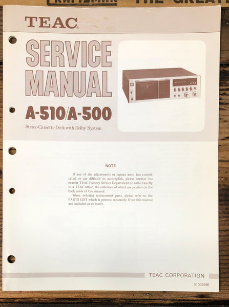 TEAC A-500 A-510 Cassette  Service Manual *Original*