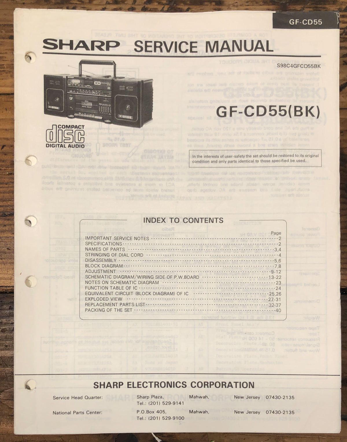 Sharp GF-CD55 Boombox / Stereo  Service Manual *Original*