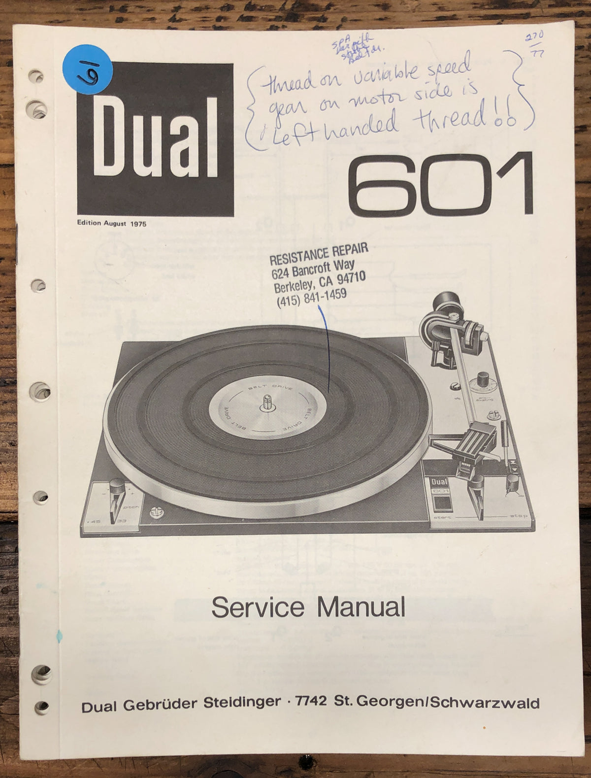 Dual Model 601 Record Player / Turntable Service Manual *Original*