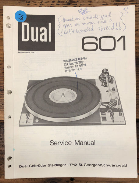 Dual Model 601 Record Player / Turntable  Service Manual *Original*