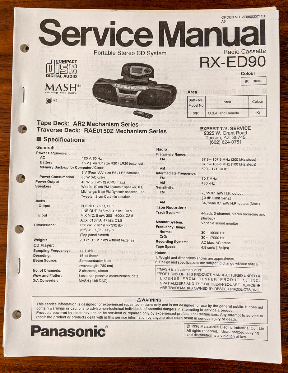 Panasonic RX-ED90 Radio Cassette Service Manual *Original*