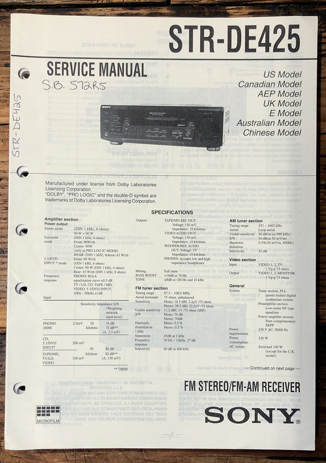 Sony STR-DE425 Receiver  Service Manual *Original*