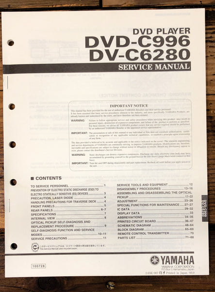 Yamaha DVD-C996 DV-C6280 DVD Player  Service Manual *Original*