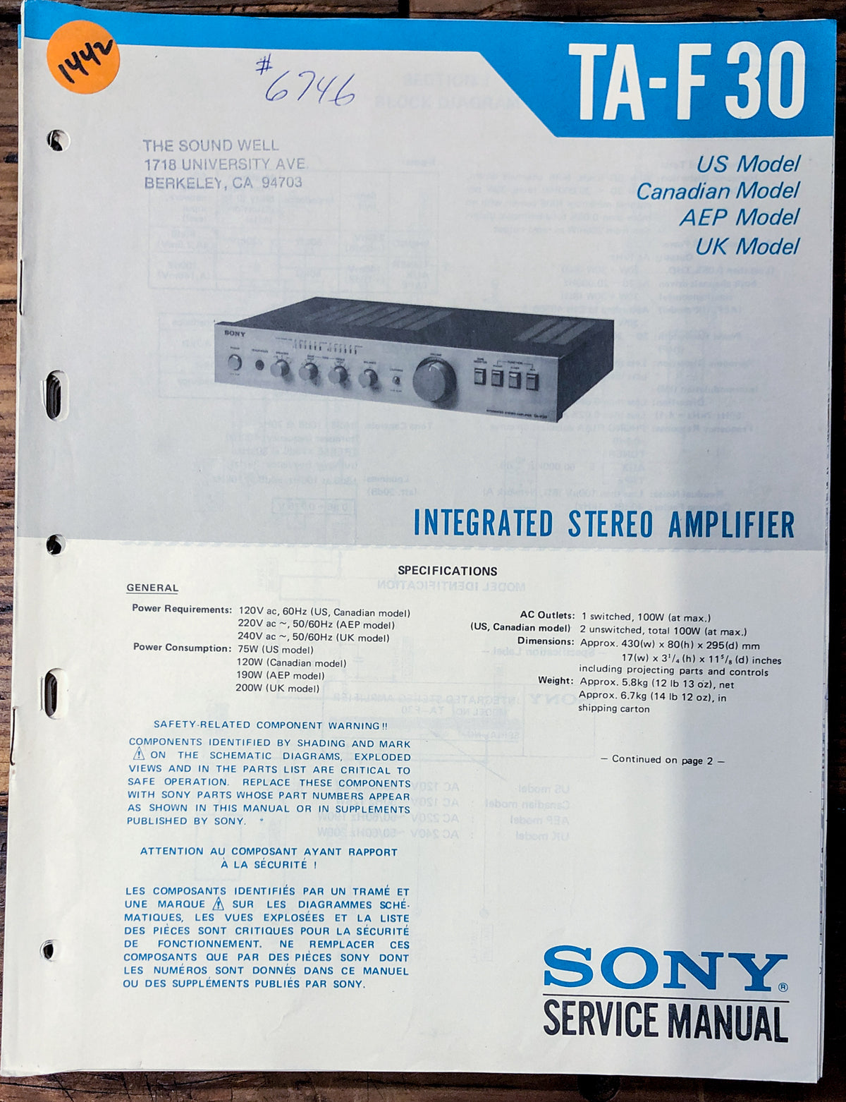 Sony TA-F30 Amplifier  Service Manual *Original*