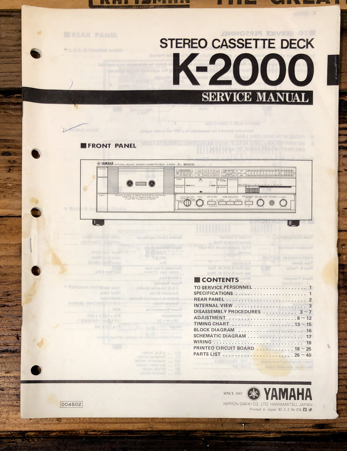 Yamaha K-2000 Cassette  Service Manual *Original*