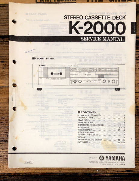 Yamaha K-2000 Cassette  Service Manual *Original*