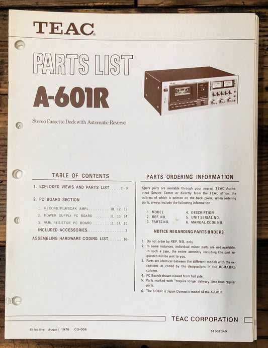Teac A-601R Cassette Parts List Manual *Original*