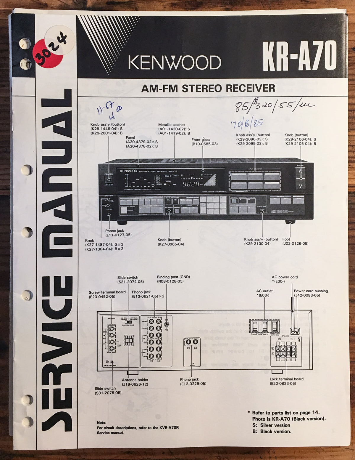 Kenwood KR-A70 Receiver  Service Manual *Original*