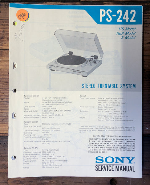 Sony PS-242 Record Player / Turntable  Service Manual *Original*