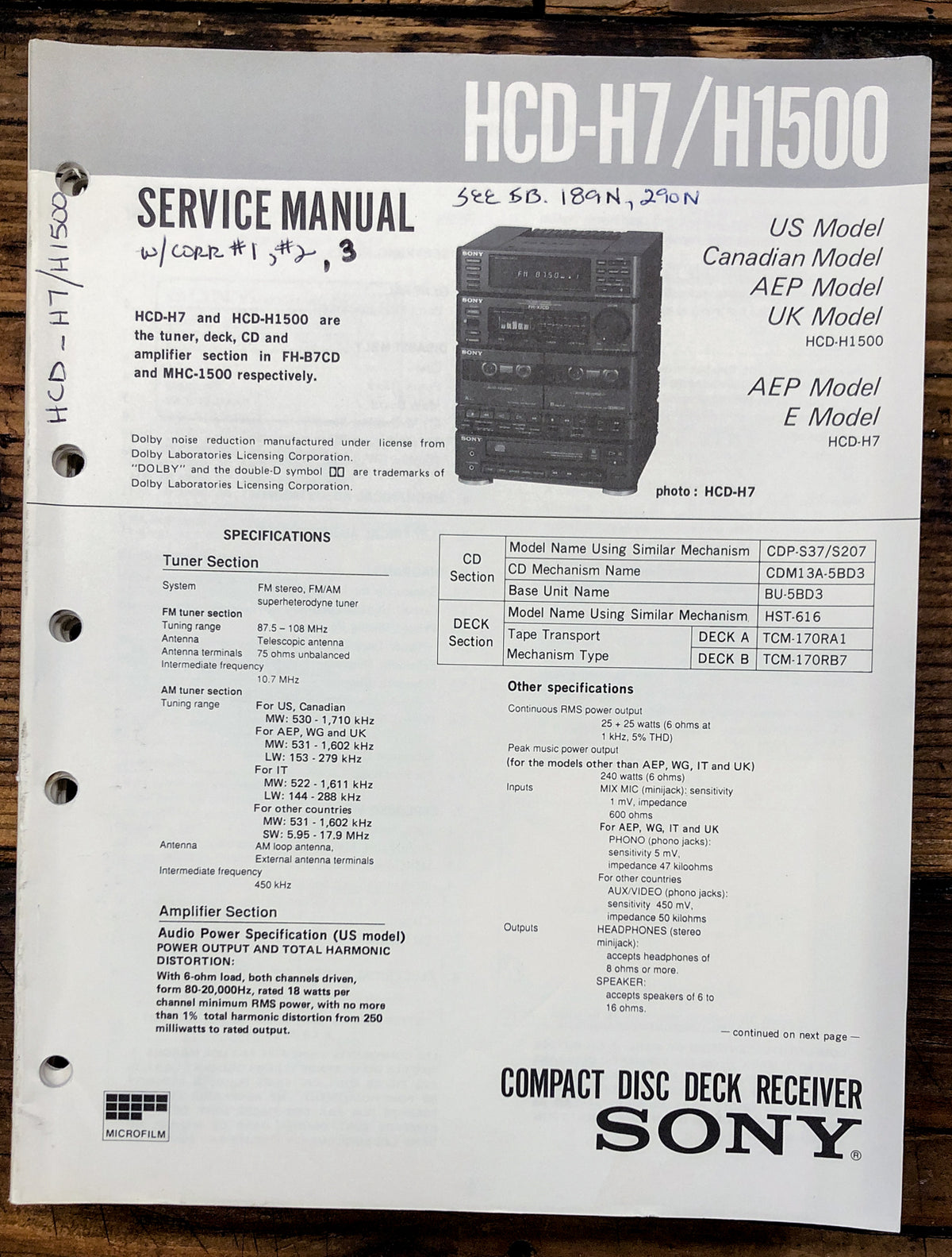 Sony HCD-H7 HCD-H1500 Stereo  Service Manual *Original*