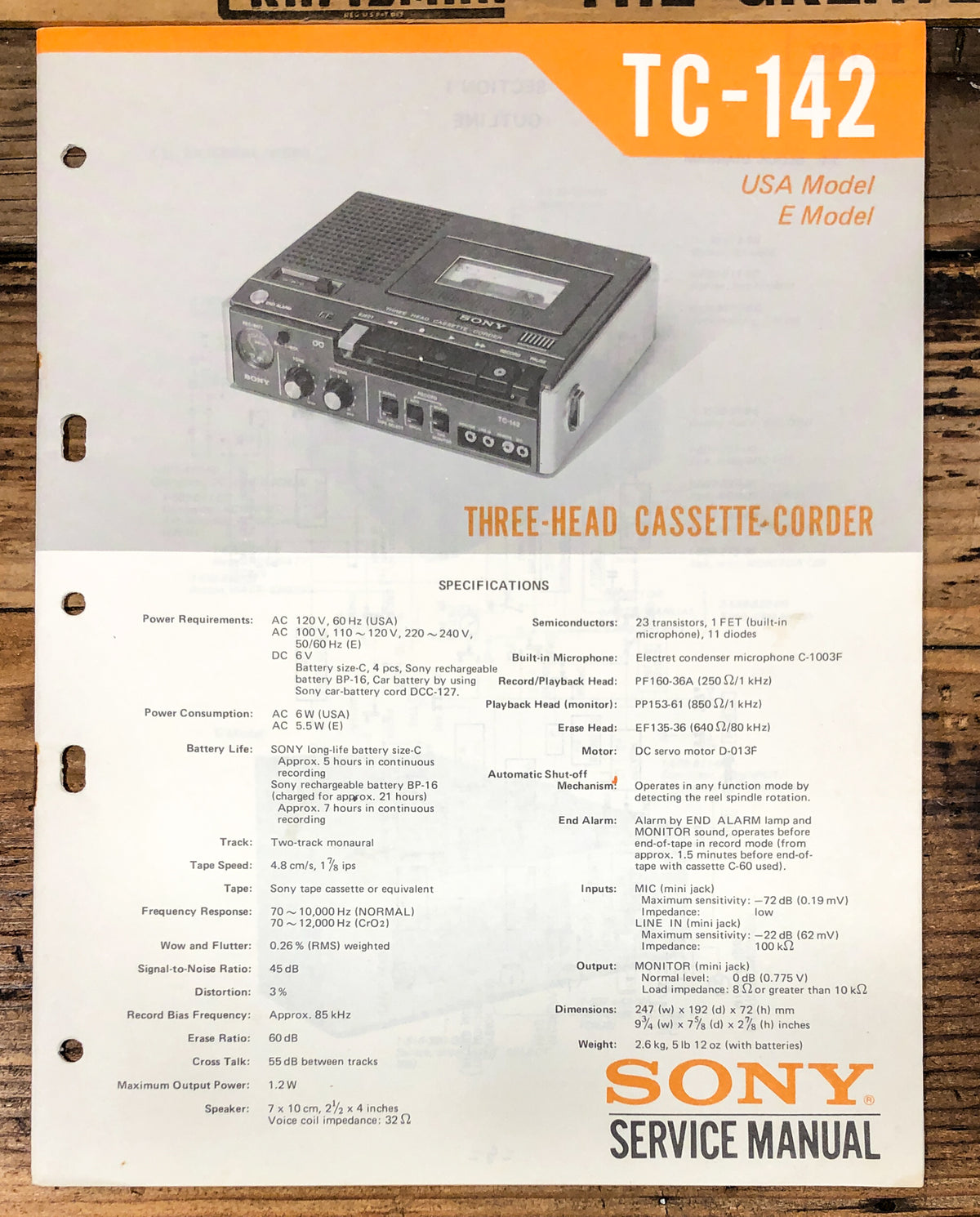 Sony TC-142 Cassette  Service Manual *Original*
