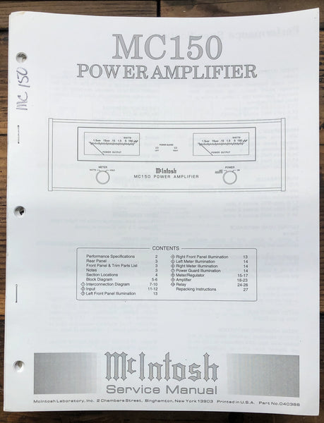 McIntosh MC150 MC-150 Amplifier  Service Manual *Original*