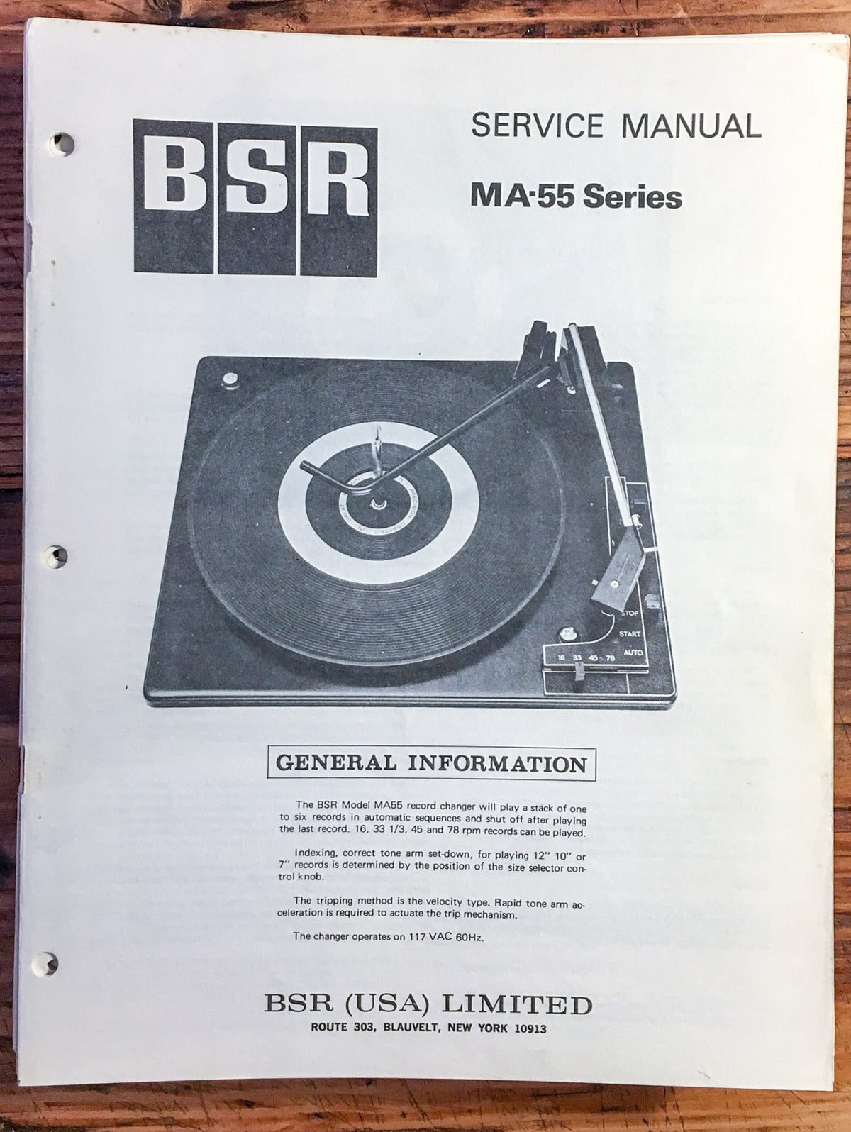 BSR MA-55 MA55 Series Record Player  Service Manual *Original*