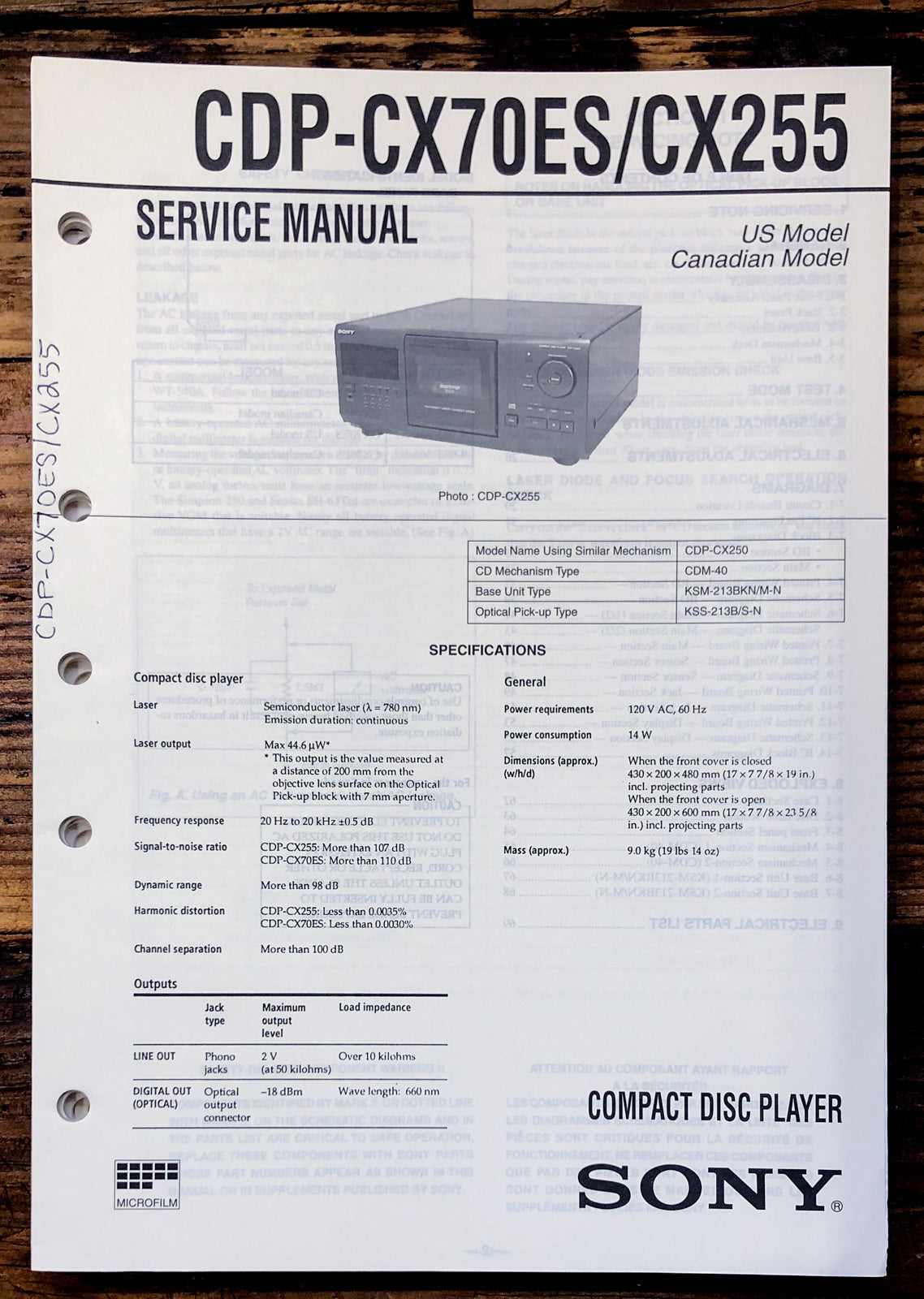 Sony CDP-CX70ES CDP-CX255 CD Player  Service Manual *Original*