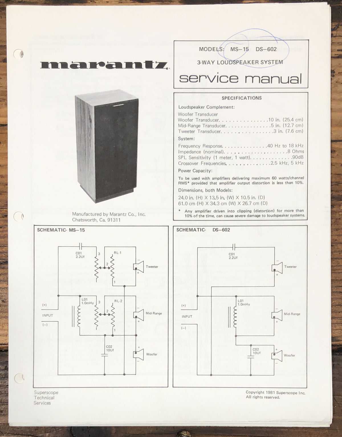 Marantz MS-15 DS-602 Speaker Service Data Sheet  *Original*