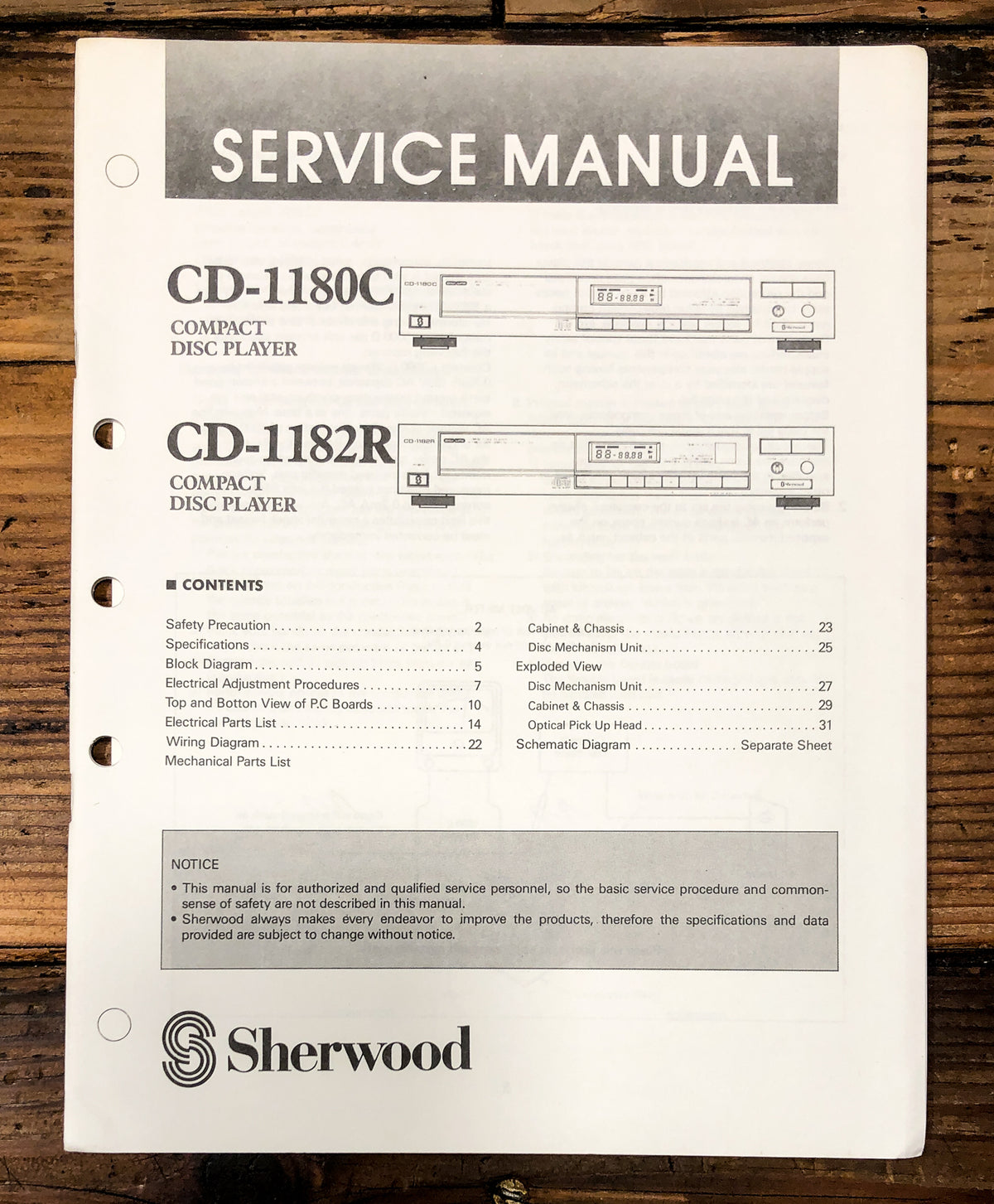 Sherwood CD-1180C CD-1182R CD Player Service Manual *Original*
