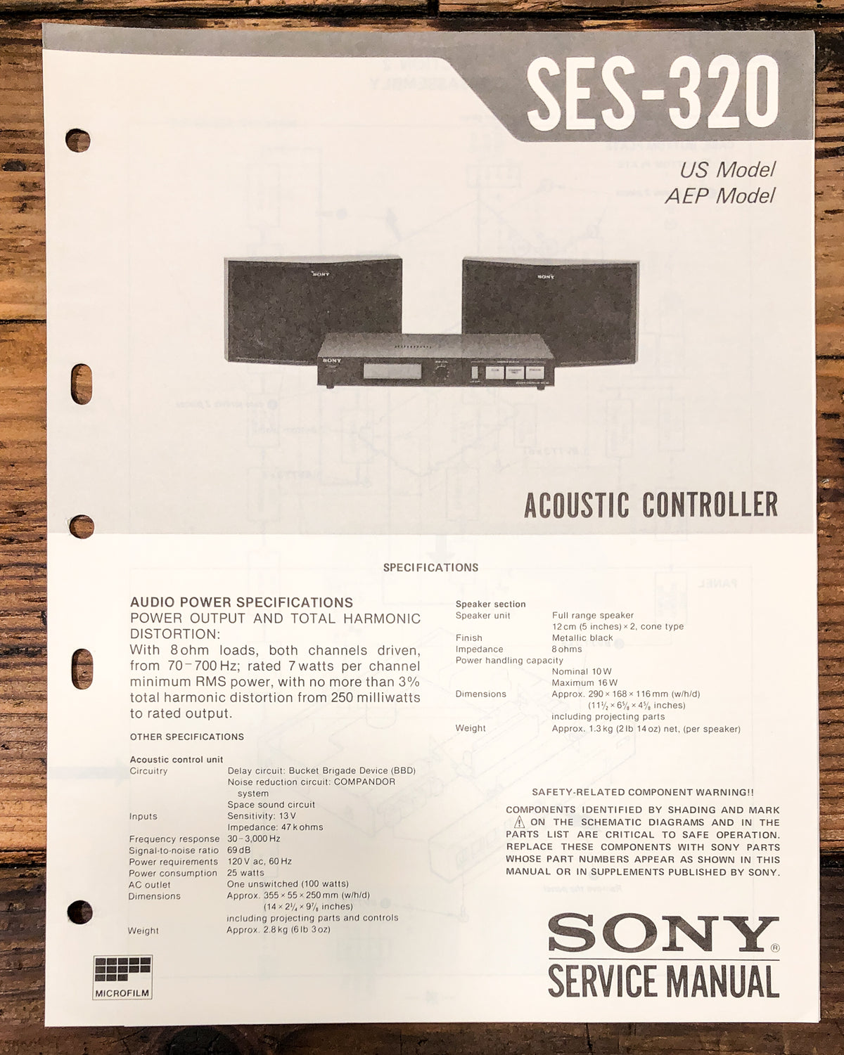 Sony SES-320 Acoustic Controller Service Manual *Original*